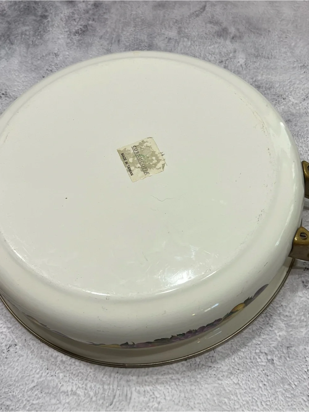 Vintage Cornucopia Enamelware Dutch Oven Colorful Fruit Motif Brass Handles